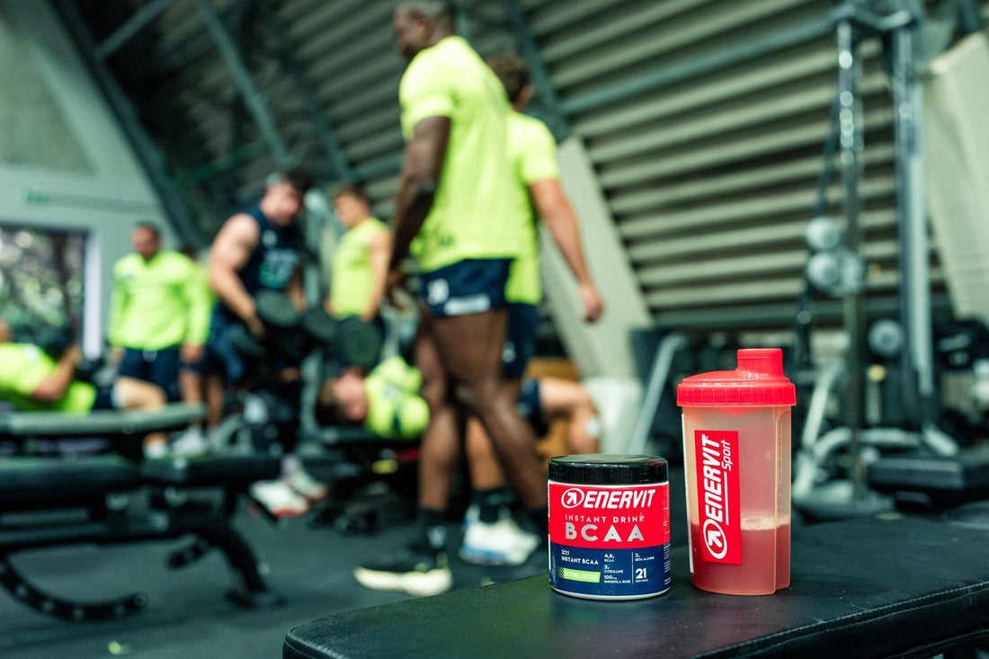 ENERVIT BCAA Instant Drink a shaker v posilovně
