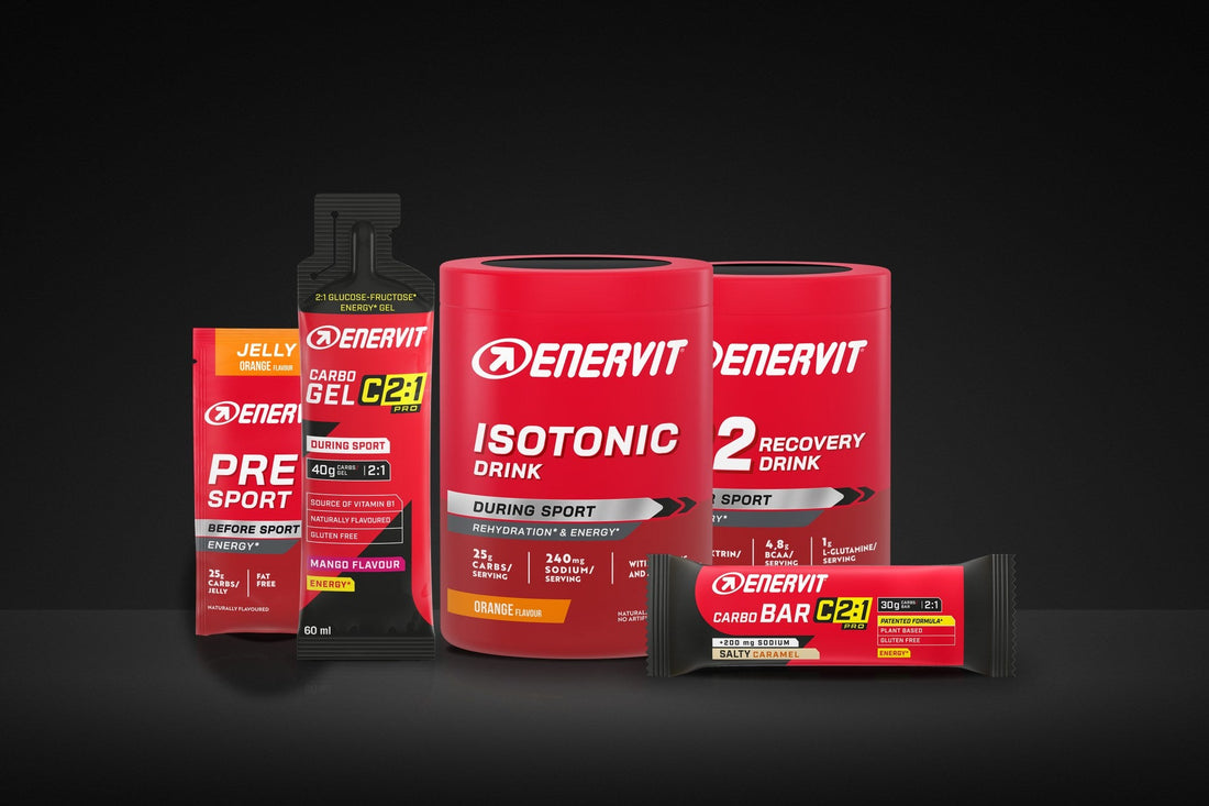 Sportovní výživa ENERVIT: PRE Sport, Carbo Gel C2:1, Isotonic Drink, R2 Recovery Drink a Carbo Bar C2:1