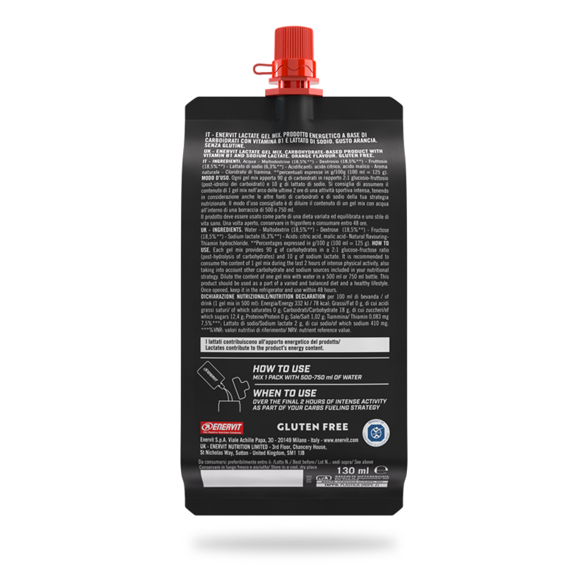 ENERVIT Lactate Gel Mix C2:1 – zadní strana se složením a výživovými údaji